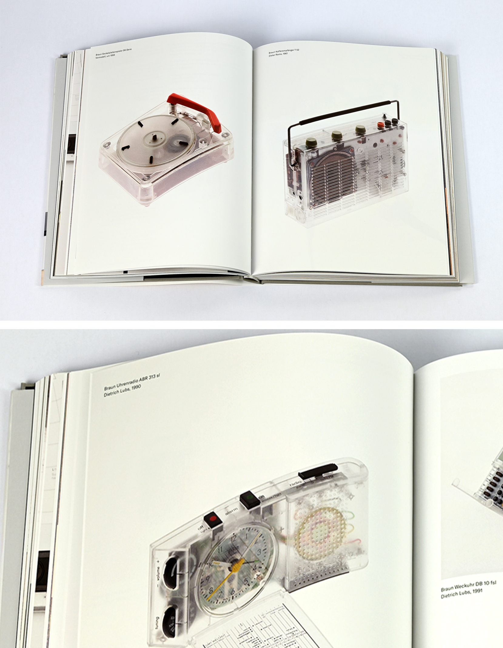 3 Abbildungen im aufgeschlagenen Buch von Braun Geräten mit durchsichtigem Gehäuse: Plattenspieler, Kofferempfänger und Uhrenradio aus den Füntzigern, Sechzigern und Neunzigern.