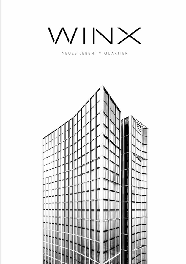 Auf dem Cover unter dem Schriftzug der prägnante zweigeteilte Tower des WINX-Neubaus mit seiner Fensterfassade vor weißer Fläche. Der schmetterlingsförmige Grundriss ist zu erahnen.