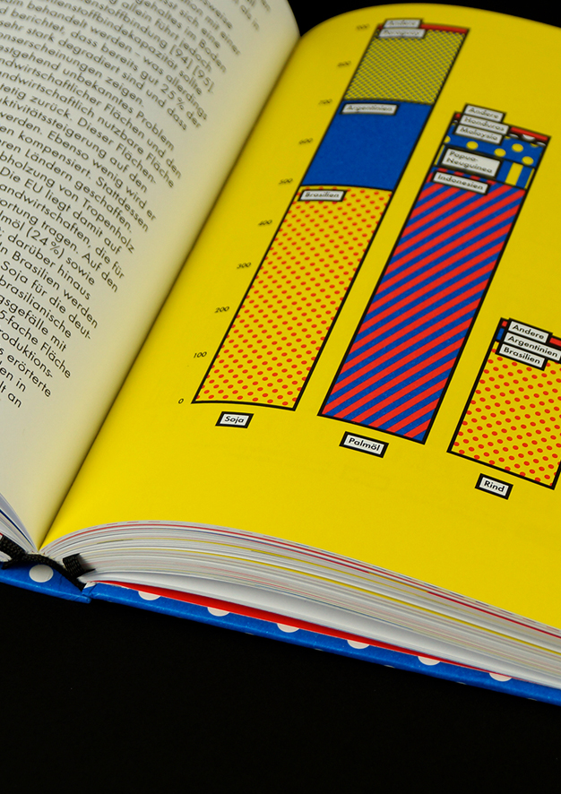 Aufgeschlagenes Buch mit Ausschnitt einer bunten Säulengrafik auf gelber Fläche.